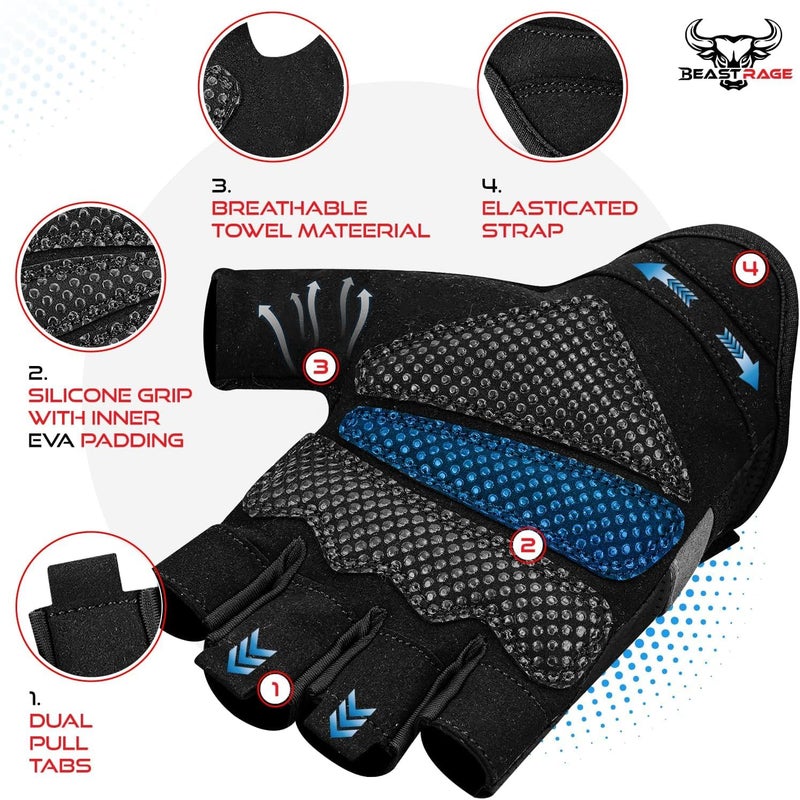 BEAST RAGE Fingerless Weight Lifting Gloves with Palm Protection Padding, Breathable Lightweight Gym Gloves for Men, Women, Weightlifting, Cycling, Exercise, Training Pull Up - Image 3